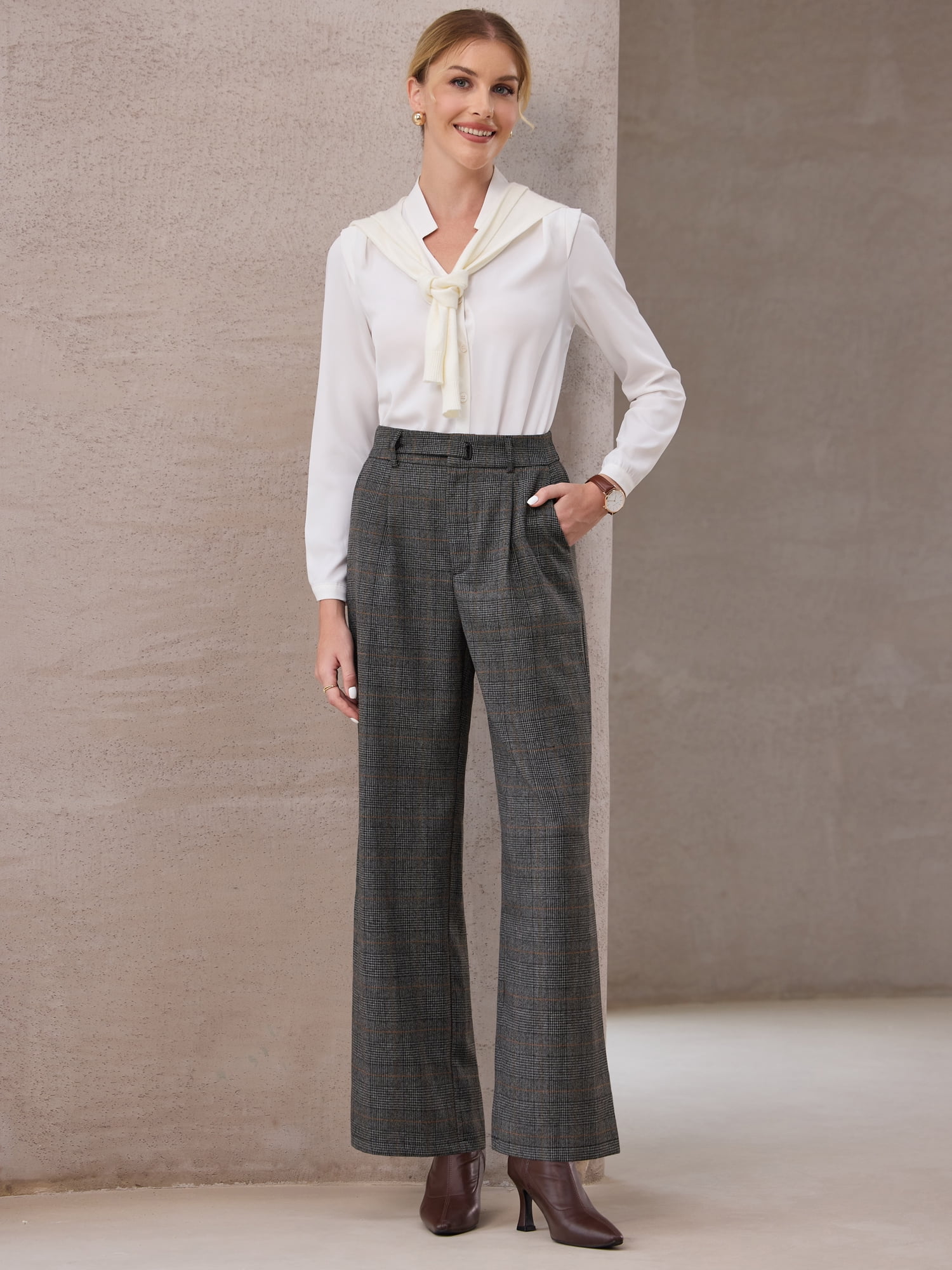 DARING DIVA Women's Plaid Vintage Houndstooth Wide Leg Trousers for Work 2XL Dark Grey