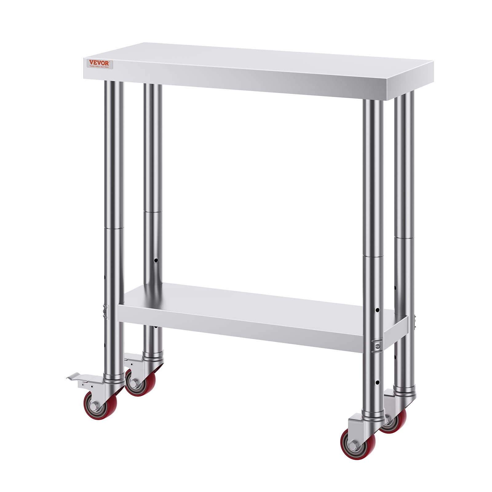 VEVOR Stainless Steel Work Table 30 x 12 x 34 Inch, 700 LBS Load Capacity with 4 Wheels, 3 Adjustable Height Levels, Heavy Duty Food Prep Worktable for Commercial Kitchen Restaurant, Silver