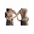 thumbnail image 2 of Women'S Long Sleeve Henley T Shirts Button Ribbed Knit Slim Fit Basic Tops Blouse Casual Outfits Khaki S, 2 of 5