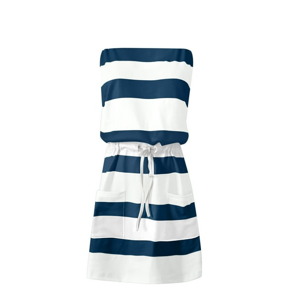 Xqxayjr Women Party Dresses Summer Under $10 Casual V Neck Strapless Bandeau  Striped Drawstring Short Mini T Shirt Sundresses Cute Spring Dress  Graduation Gifts - Walmart Business Supplies