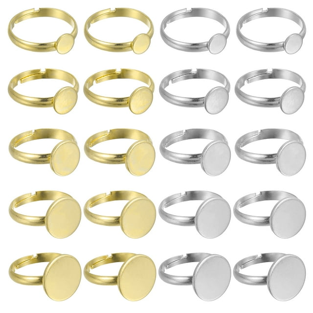 20 Pcs Base de Anillo Metálico en Blanco, 6/8/10/12/14mm Almohadilla Ajustable Cabujón Anillo en Blanco para Fabricación de Joyas DIY, Plata/Oro/Oro