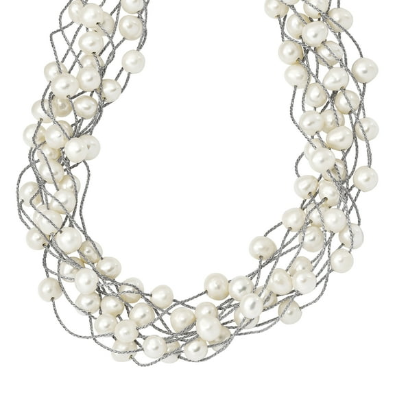 Primal Silver Sterling Silver Rhodium 6-8mm White Freshwater Cultured Pearl Multi-strand Necklace