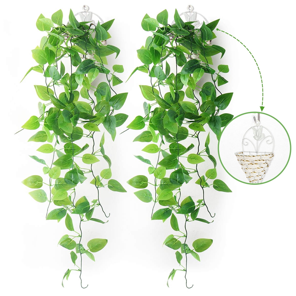 Mocoosy 2 Pack Artificial Hanging Plants with Baskets, Fake Hanging Ivy Vine Wall Hanging Plants Greenery for Home Garden Room Wedding Decorations