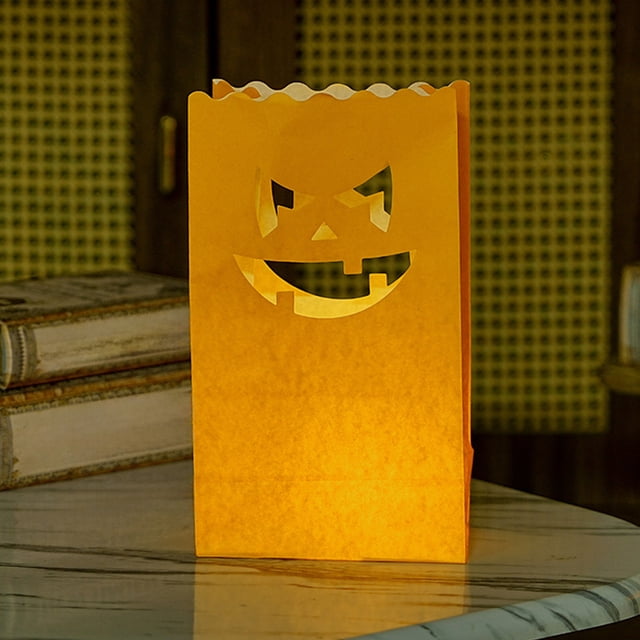 Bolso de velas luminosas de calabaza de Halloween | Farol electrónico sin llama | Papel ignífugo | Amarillo 15x26cm | Soporte seguro para velas de té en patios, porche y fiestas de pasarela
