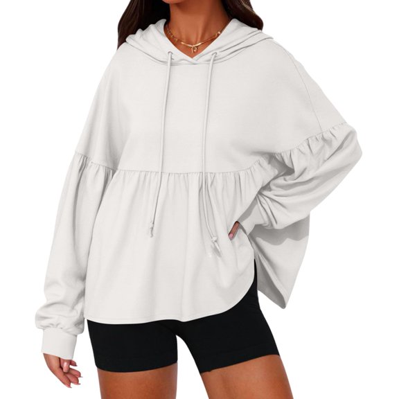 Timegard Hoodies for Women Drawstring Long Sleeve Ruched Ruffle Pullover Cute Sweatshirts Fall Travel