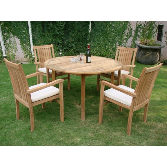 Teak Dining Set:4 Seater 5 Pc -52" Round Table And 4 Cahyo Stacking Arm Chairs Outdoor Patio Grade-A Teak Wood WholesaleTeak #WMDSCH3