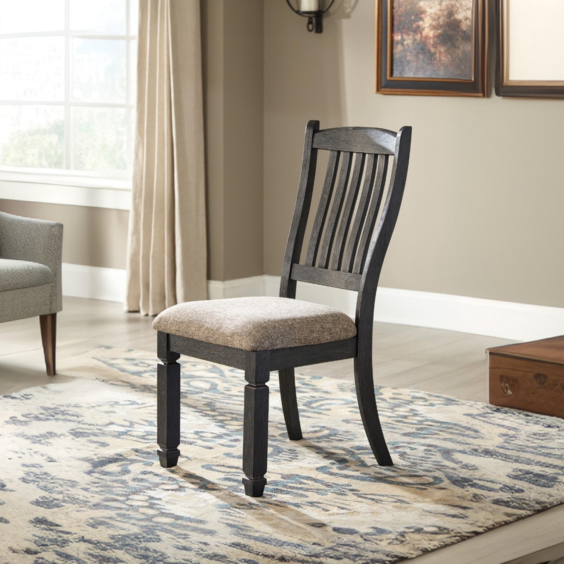 Signature Design by Ashley Tyler Creek Slat Back Dining Chairs Set of 2, Black and Grayish Brown Two-Tone Solid Wood with Cushioned Seats