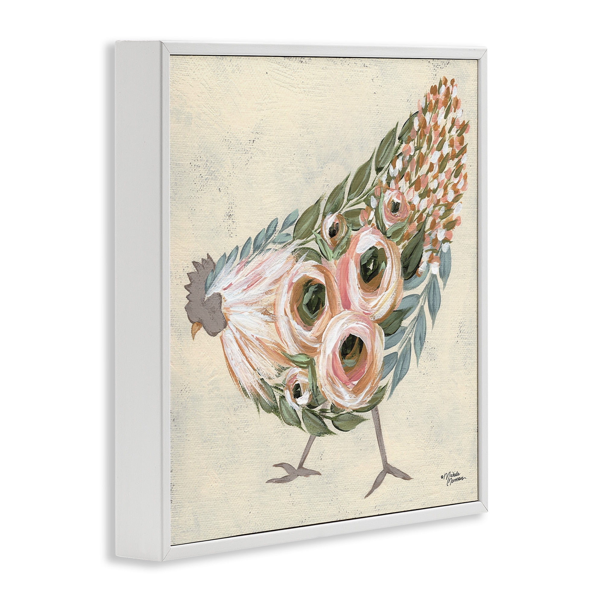 Stupell Industries Vintage Chicken with Floral Body Animals & Insects Painting White Framed Art Print Wall Art, 12 x 12
