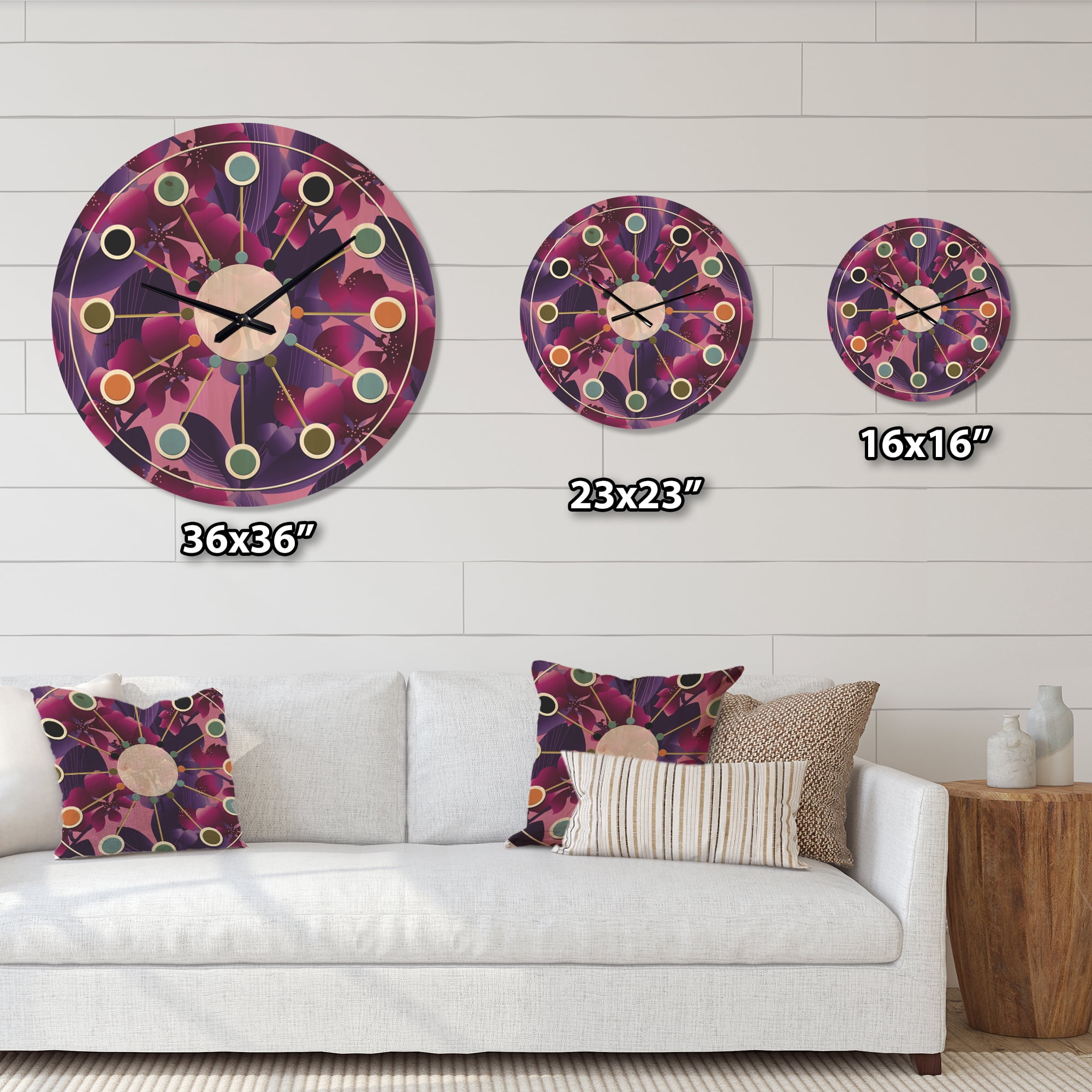 Designart 'Purple Orchid blossom colorful pattern' Mid-Century Modern Wood Wall Clock