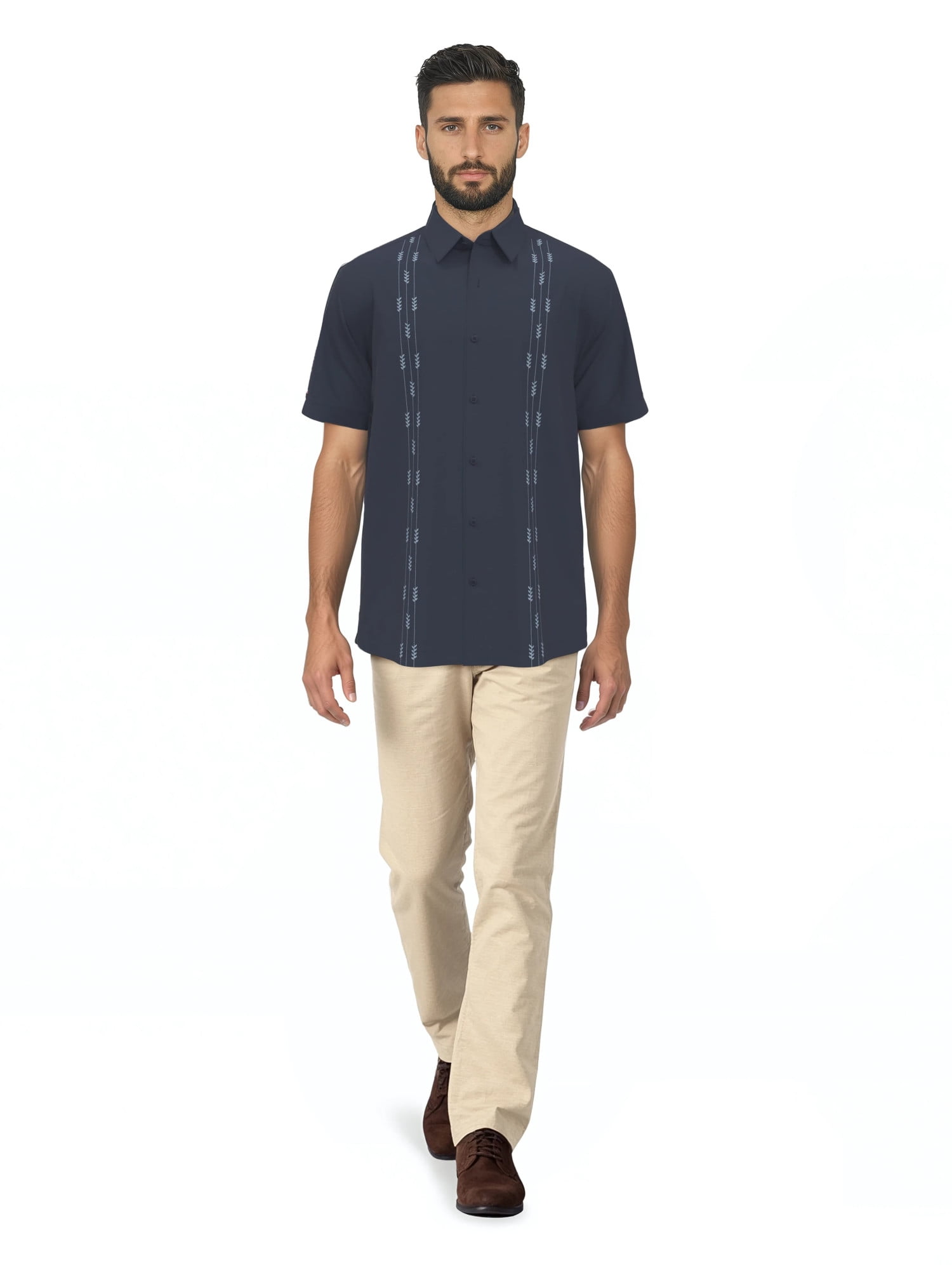 Havanera Men's and Big Men's Leaf Embroidered Panels Short Sleeve Button-Down Shirt, Sizes S-5XL