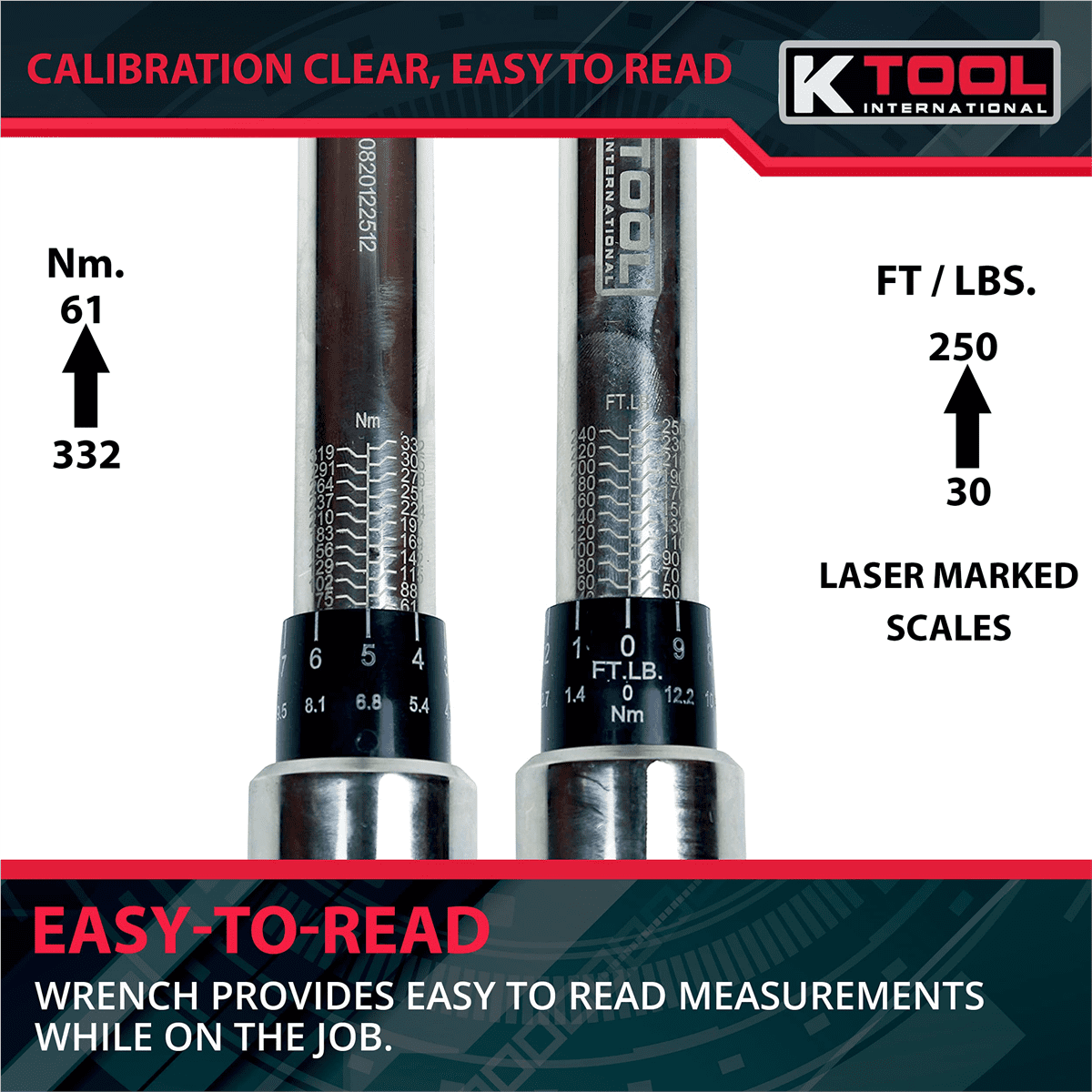 K-Tool 72126A 1/2" Drive 24.5" Long Adj Torque Wrench 30-250 ft/lb Capacity