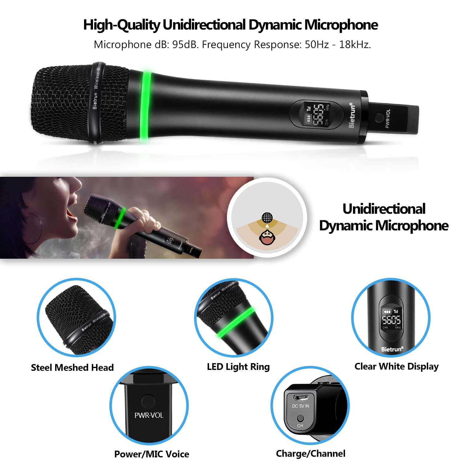 Bietrun Rechargeable Wireless Microphone, Dual Metal Cordless Handheld Dynamic Wireless Mics with 1/4'' Output for Karaoke, Meeting, Singing, Church, Wedding(UHF 240ft Range)(Receiver with Bluetooth)