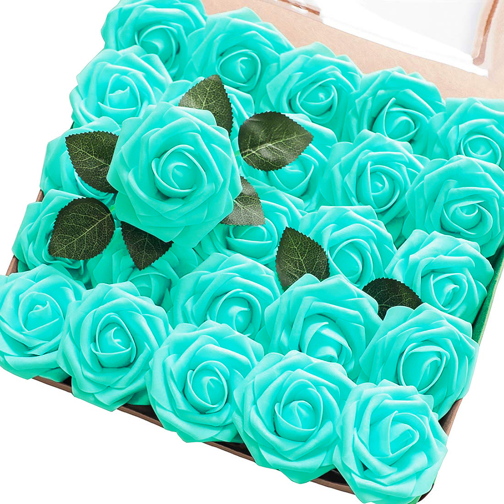 25Pcs Artificial Rose Flowers, Blue Roses Real Touch Foam Fake Rose