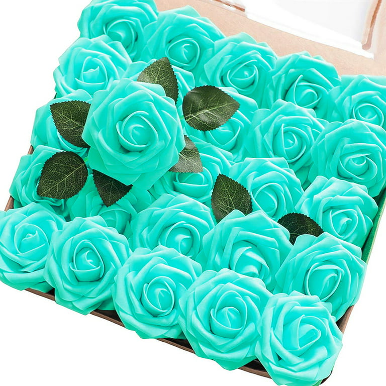 25Pcs Artificial Rose Flowers, Blue Roses Real Touch Foam Fake