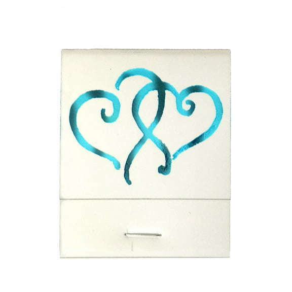 50 White 20 Strike Matches with  Printed Hearts in Metallic Teal Matchbooks for Wedding, Anniversary, Birthdays etc