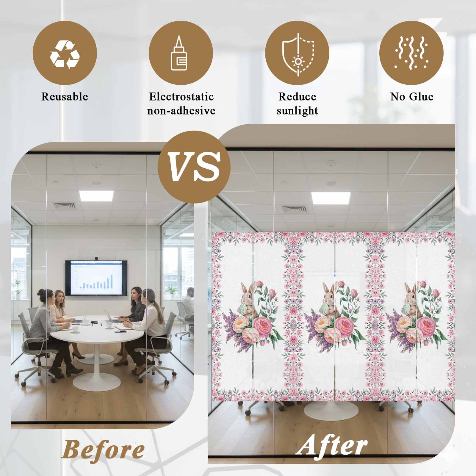 Easter Rabbit Window Privacy Film, Spring Pink Purple Floral Eggs Bunny Frosted Glass Window Clings Static Cling UV Heat Blocking Reusable Door Sticker for Bathroom 29.5 x 118 Inch