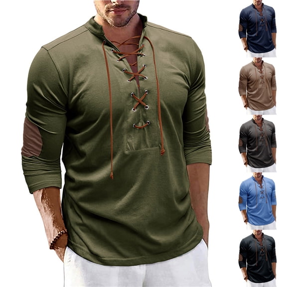 safuny Men's Loose Cotton Linen Shirts Trendy Solid Shirts Long Sleeve V Neck Lacing Fall Tops Holiday Leisure Comfy Army Green L