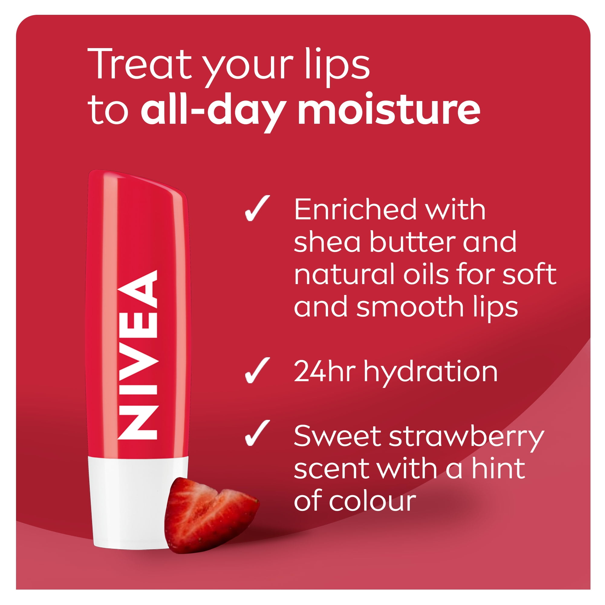 NIVEA Strawberry Shine Tinted Caring 24H Moisture Lip Balm Sticks, Duo Pack, 2 x 4.8g