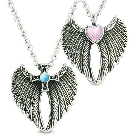 Angel Wings Heart Cross Love Couple or Best Friends Pink Simulated Cats Eye Simulated Turquoise