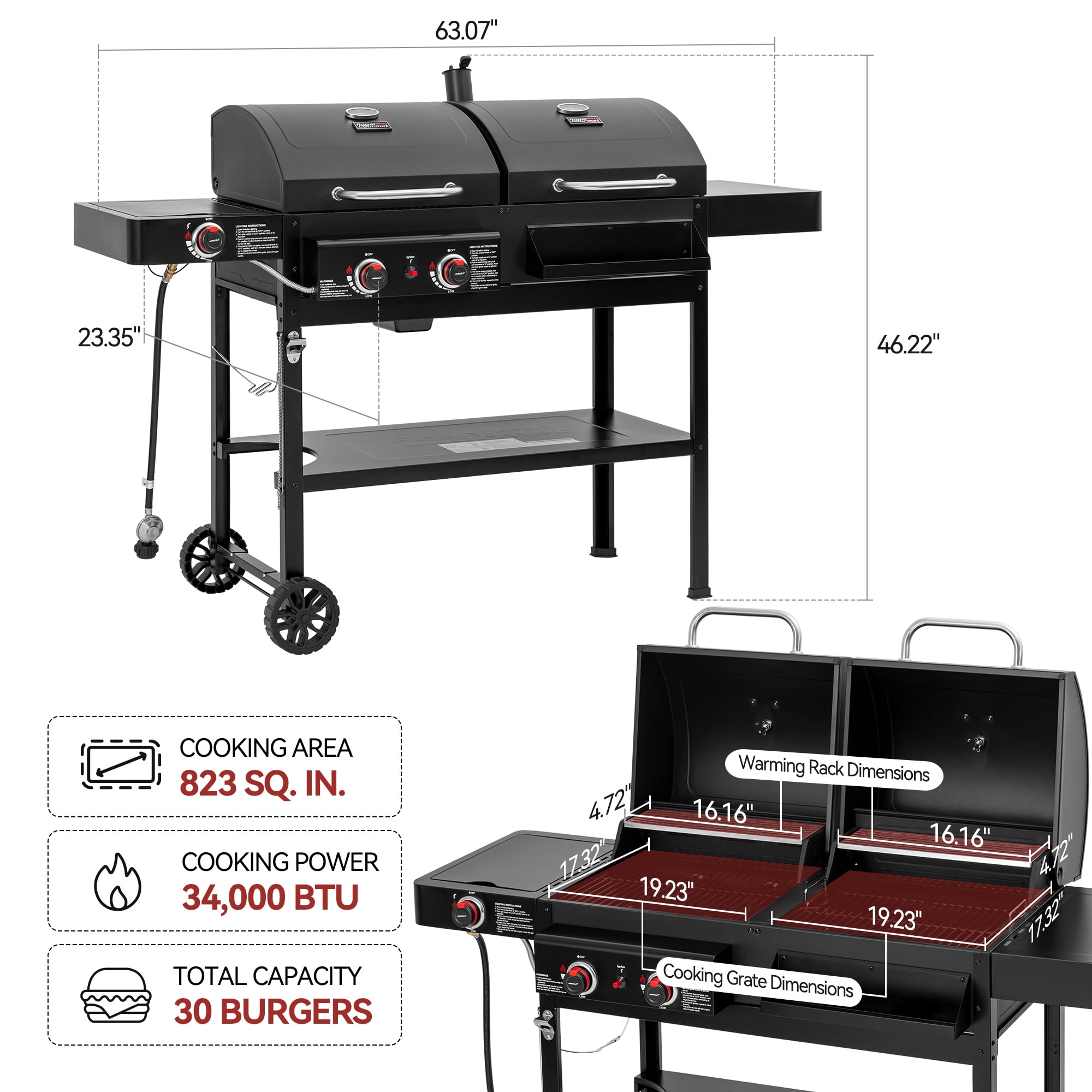 Royal Gourmet ZH3005 2-Burner Gas and Charcoal Combo Grill with Side Burner, 34,000 BTU Dual Fuel Grill for Outdoor Patio Garden Picnic Backyard Cooking, Black