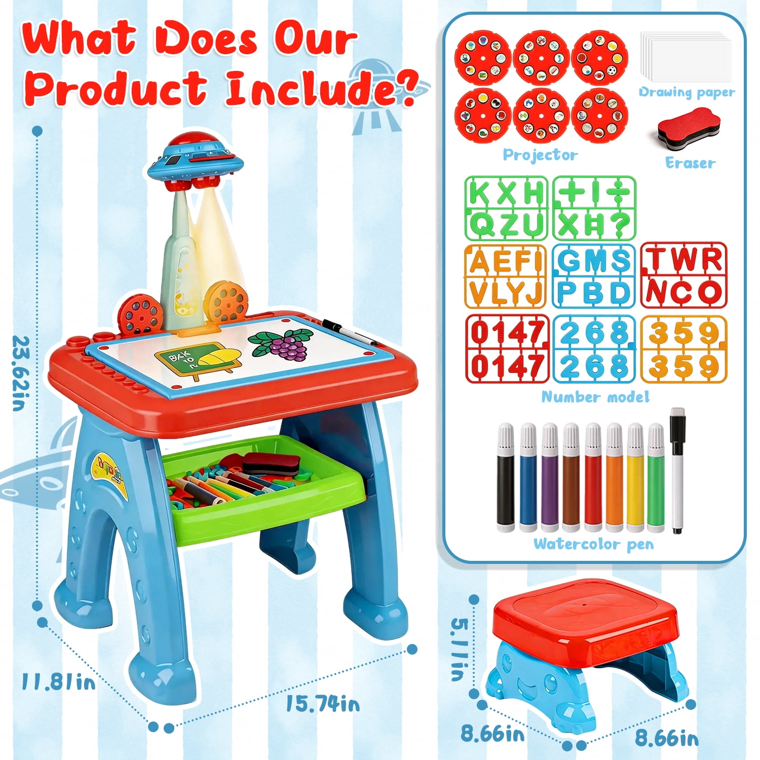Caunedy Drawing Projector Table for Kids,Learning Projector Table Toys with Projector,Stool,Art Desk Table Kids Drawing for Ages 3-8 Years Old Girl Birthday Gifts