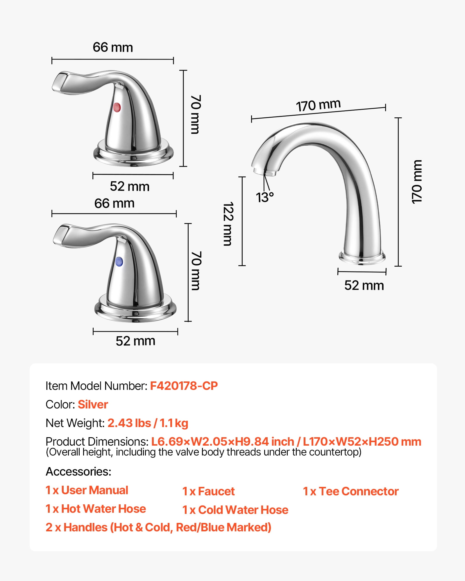 VEVOR Roman Tub Faucet, 3 Hole Waterfall Bathtub Faucet, Gooseneck Bath Tubs Faucets Set with 2 Handles, Deck Mount Bath Tub Faucets Set for Pet Washing, Adult Bathing, Silver, High Arc Spout