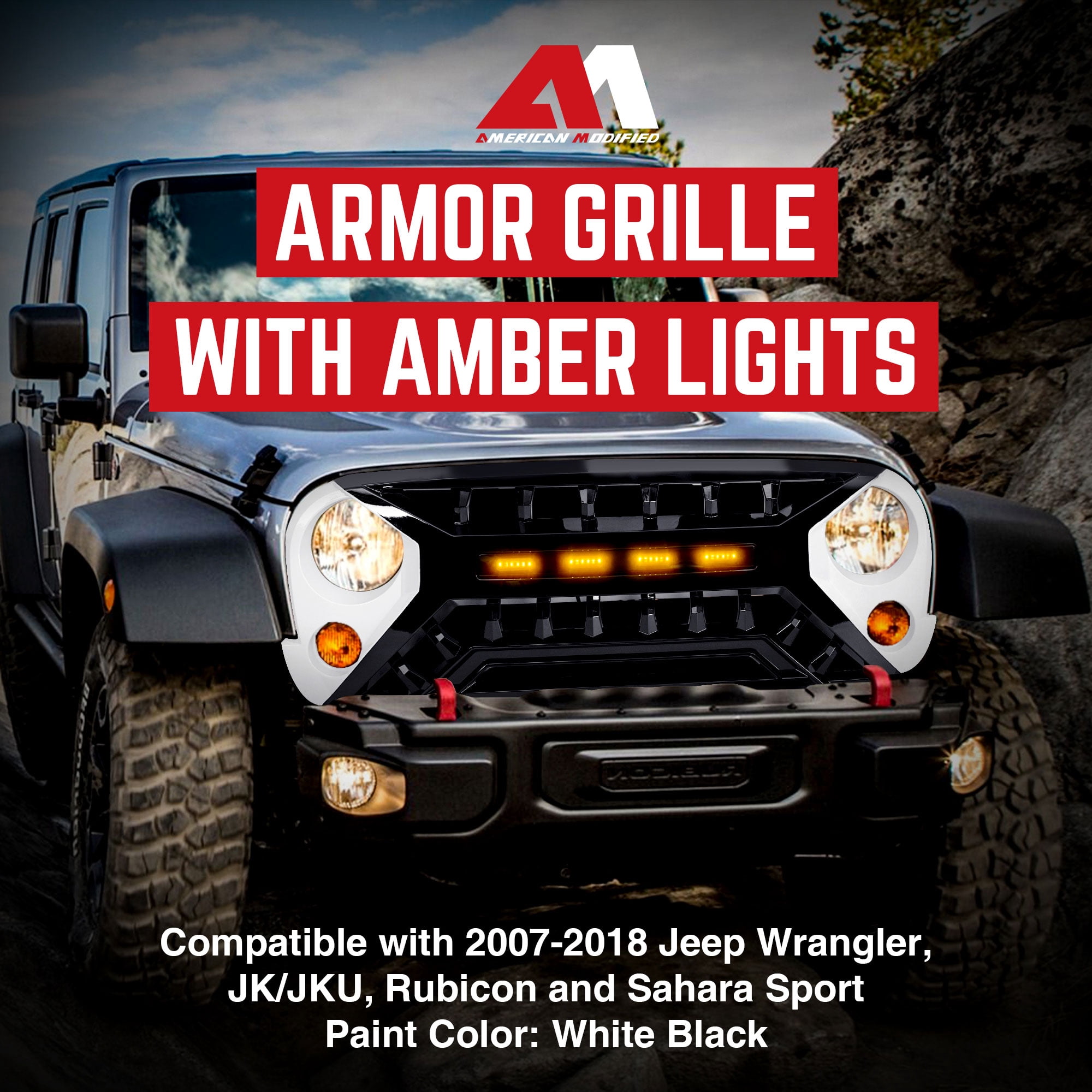 AMERICAN MODIFIED Grille 07-18 Jeep Wrangler JK w/ Amber LED, White/Black