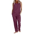 thumbnail image 2 of Favoffer Women Tank Top Pant Sets Crew Neck Sleeveless Vests Wide Leg Long Pants Cotton Linen Side Pocket Two Piece Outfits for Daily Casual Commute, 2 of 6