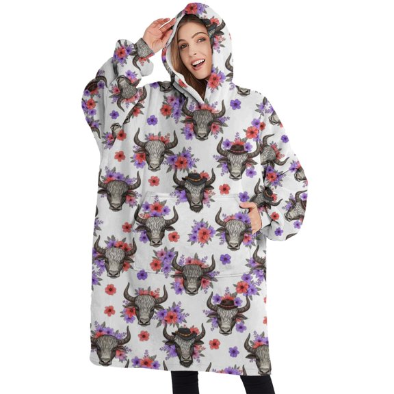 Oversized Wearable Blanket Hoodie,White Highland Cow Flower Pattern Sherpa Blanket Hoodie with Super Pockets,Super Warm Fuzzy Pullover for Women & Men