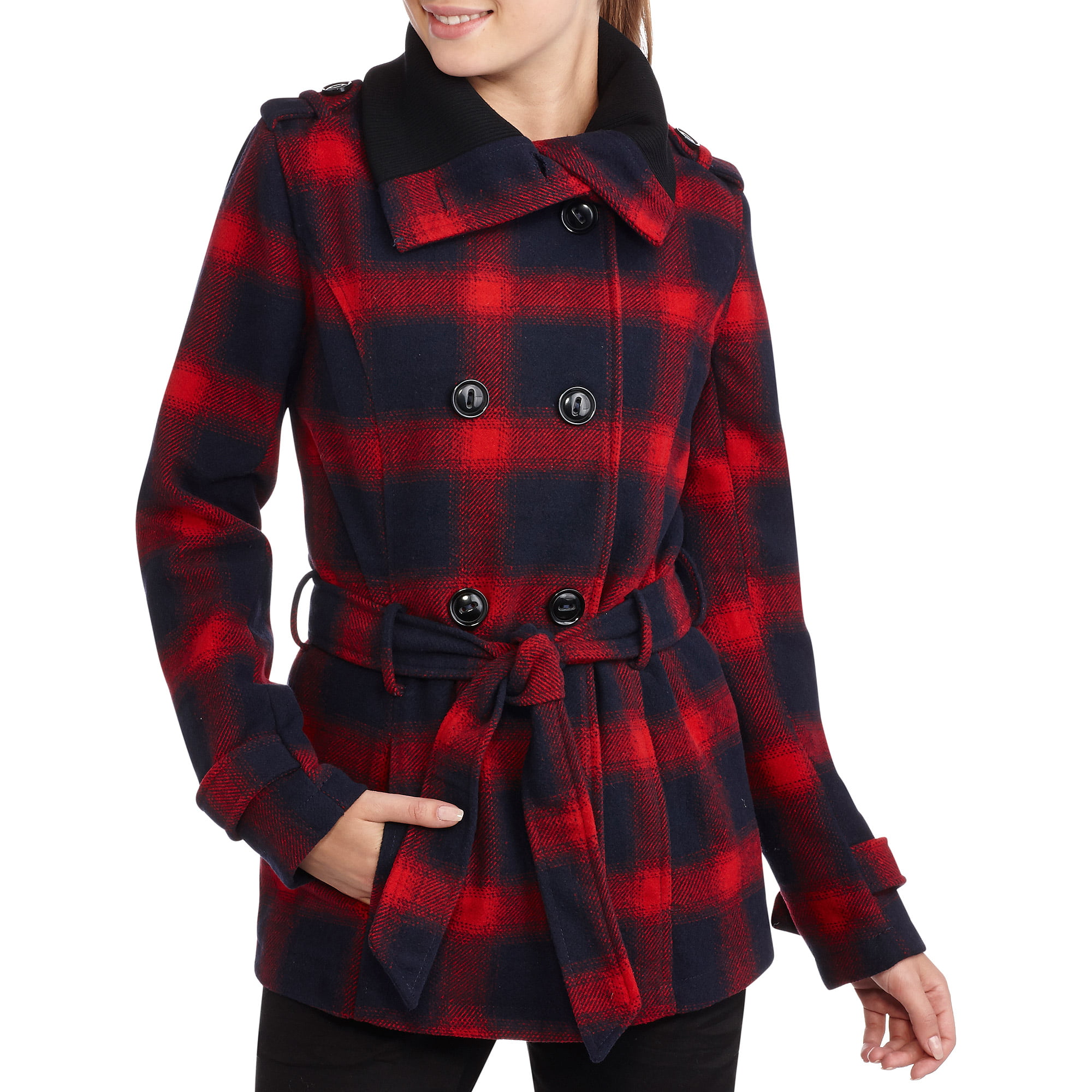 Juniors Belted Wool-Blend Peacoat With Foldover Collar - Walmart.com