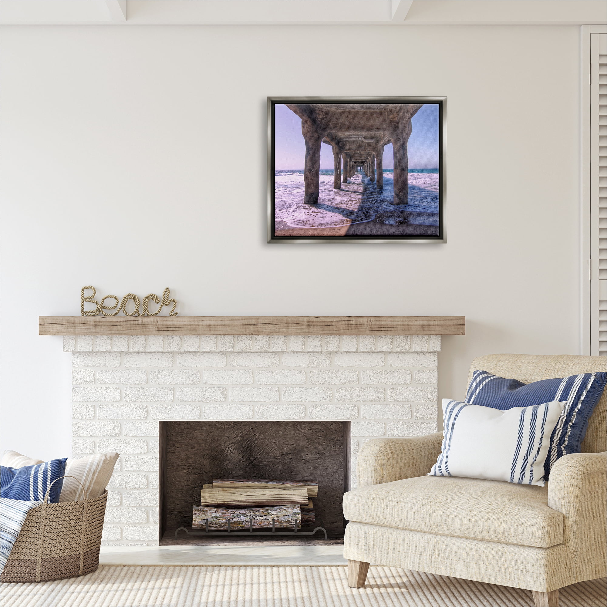 Stupell Industries Waves Under Dock Landscape Photography Gray Floater Framed Canvas Art Print Wall Art, 31 x 25