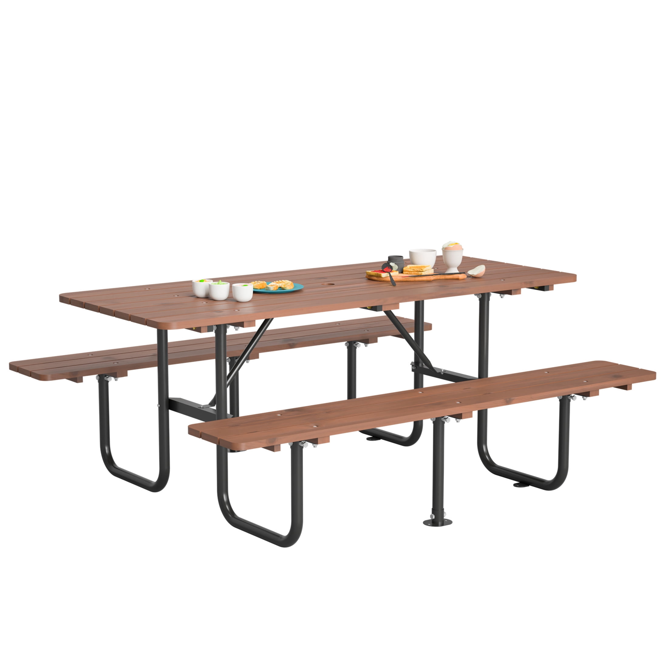 Noble House Alvion Rectangular Outdoor Picnic Set, Fir Wood Table with Built-in Benches and Umbrella Hole, Brown