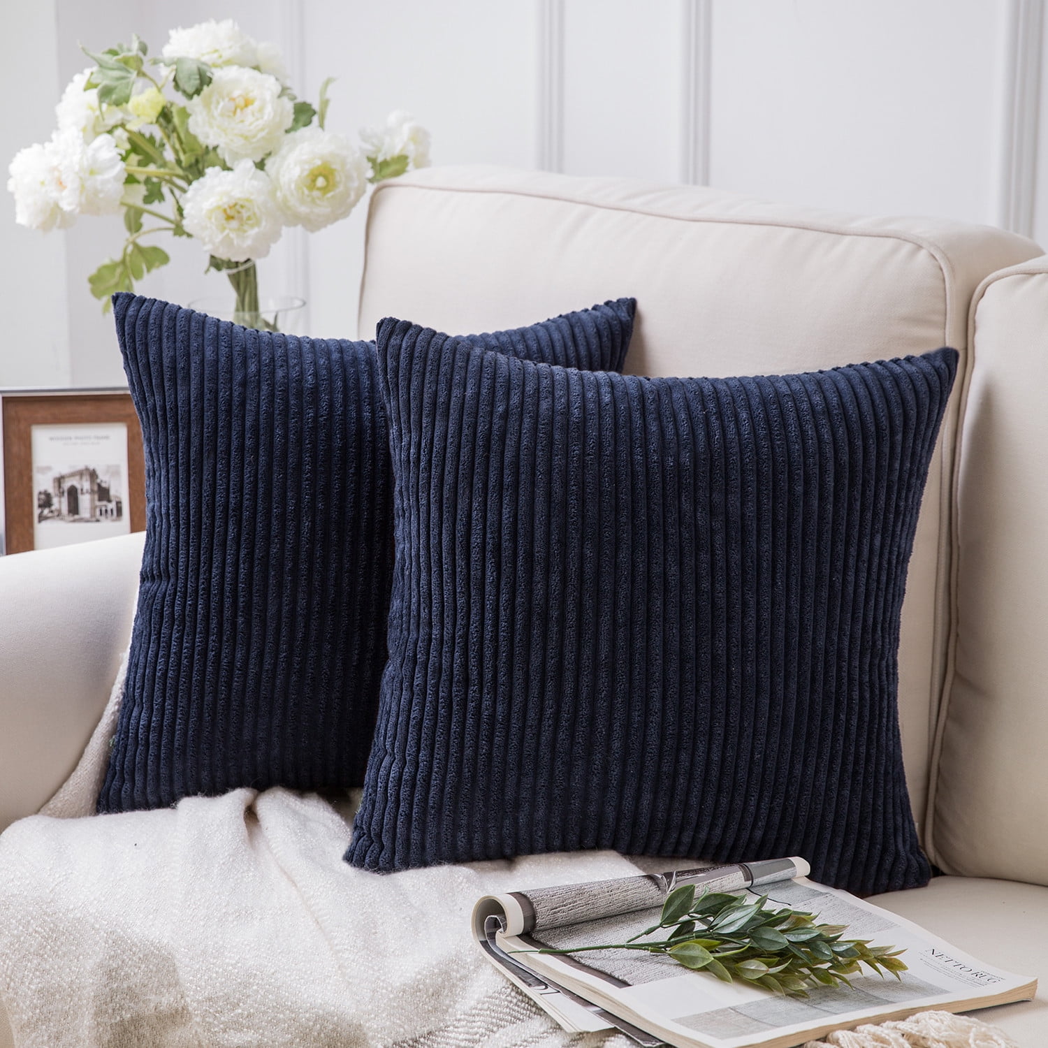 Decorative Throw Pillow Set, Soft Corduroy Striped Velvet & Buffalo Checker Plaid Farmhouse Cushion Series Bundle, for Sofa Couch Bedroom, Navy, 18" x 18"
