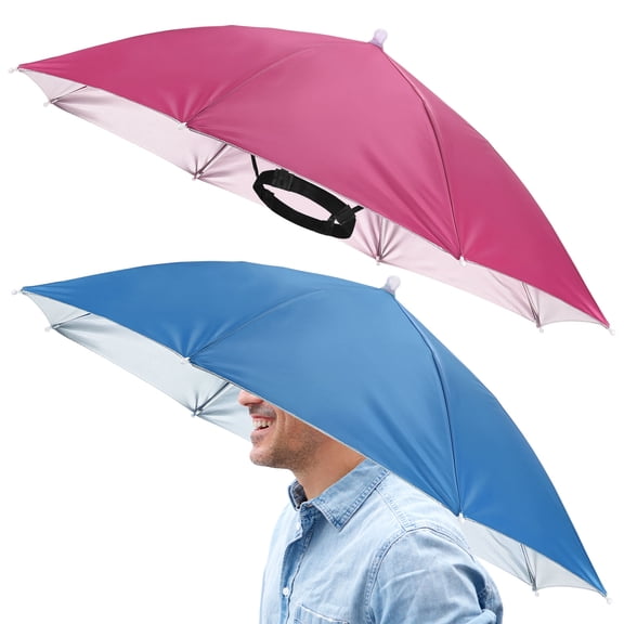 Uxcell 26" Headband Umbrella Hat [2 Pcs] - Hands Free Foldable Umbrella Cap Sun Hat Use for Fishing & Gardening & Hiking & Camping [Rose Red Sky Blue]