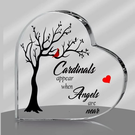 Red Bird on Branch Acrylic Heart Desktop Home Keepsake Decor, Cardinal Acrylic Plaque Heart Shaped, Acrylic Paperweight Commemorative Gift for Friend, Lover, Family (4.9"/12.5cm)