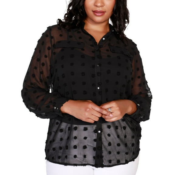 Belldini Black Label Plus Size Button-Front Clip-Dot Blouse Black 3X