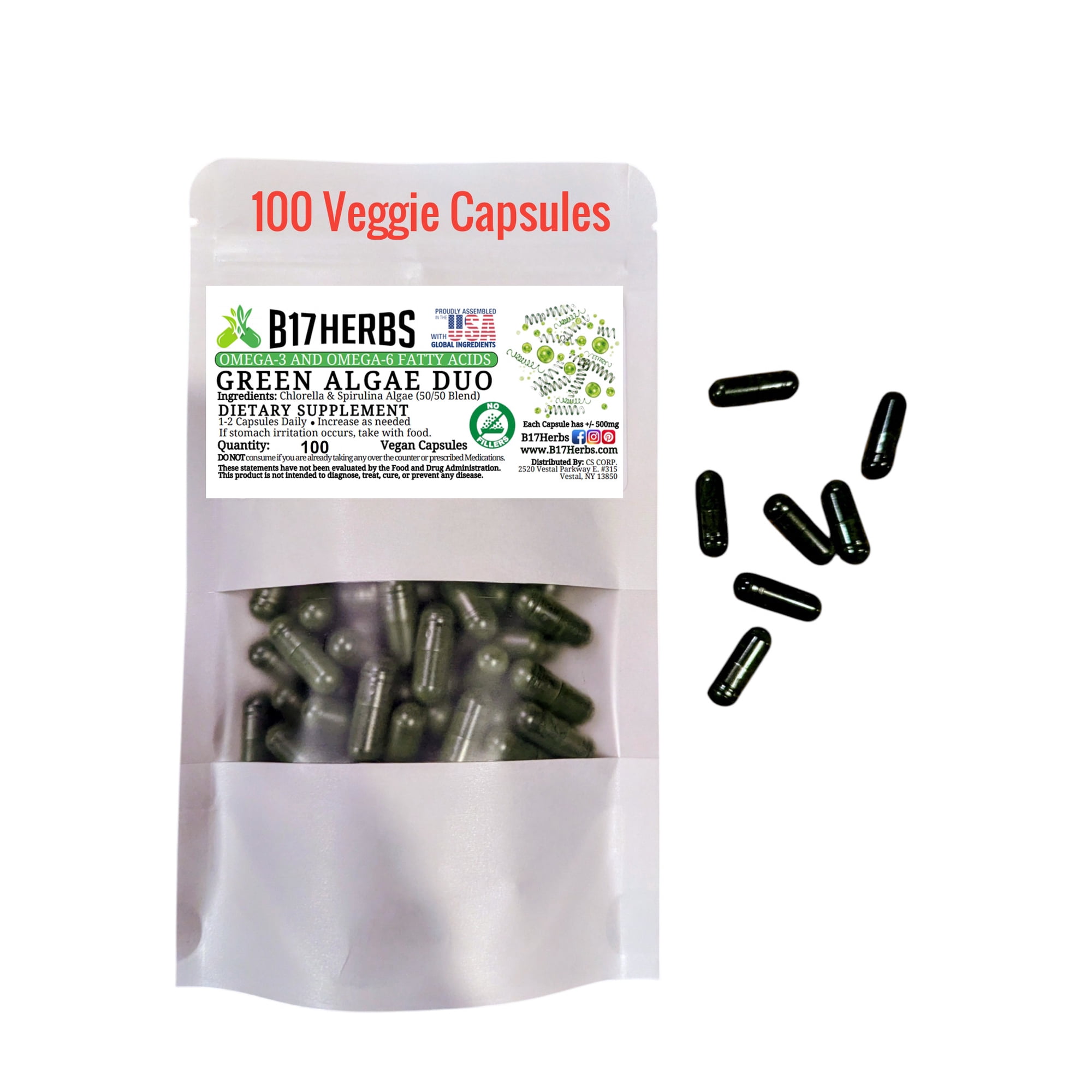 Green Algae Duo - Spirulina & Chlorella - Superfood - Special Blend - 100 Veggie Capsules, 500mg