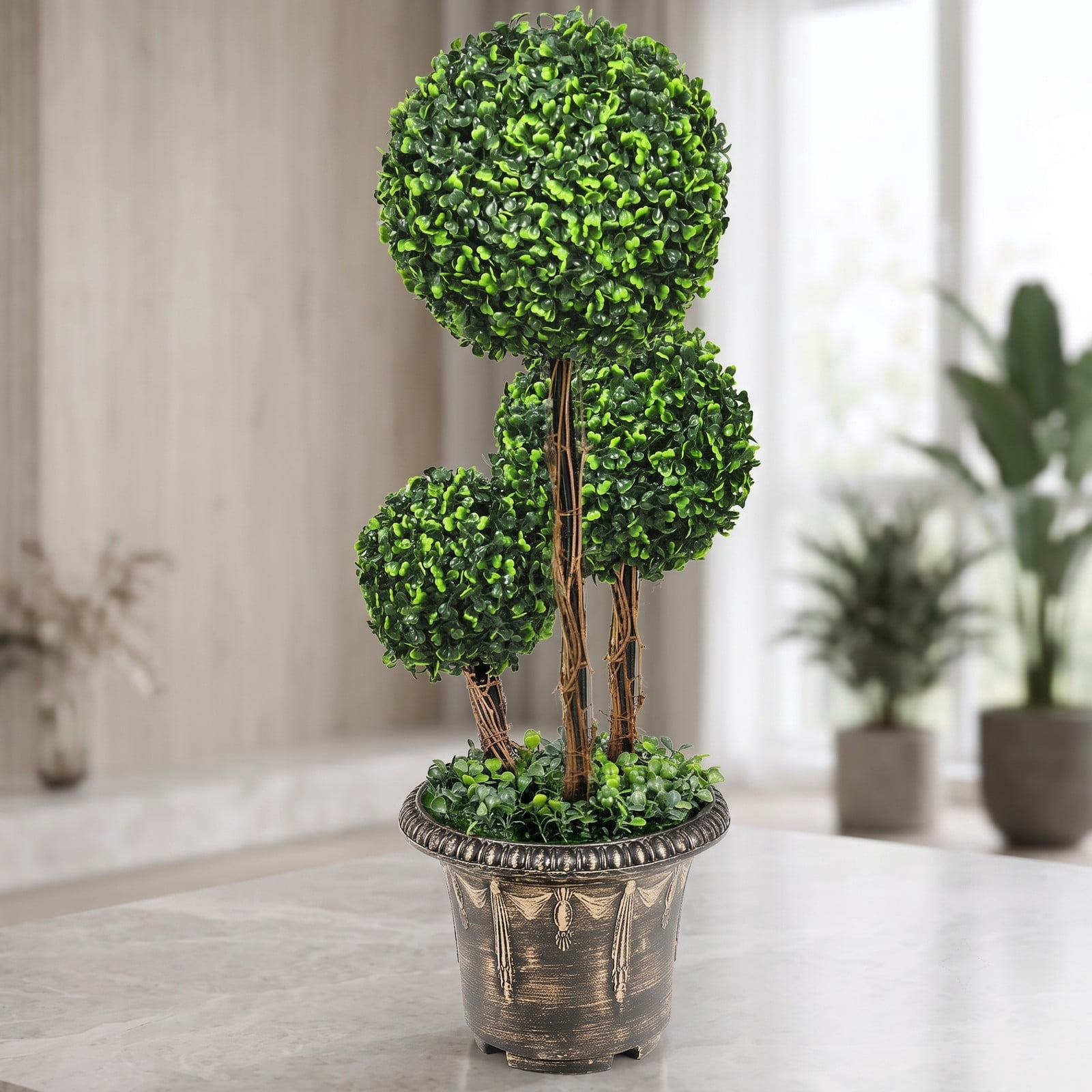ALPULON 30 Inch Artificial Topiary Triple Ball Tree, Faux Boxwood Potted Plant with Cement Base, UV Protected Indoor Outdoor Decor for Front Porch Entryway Patio, Green