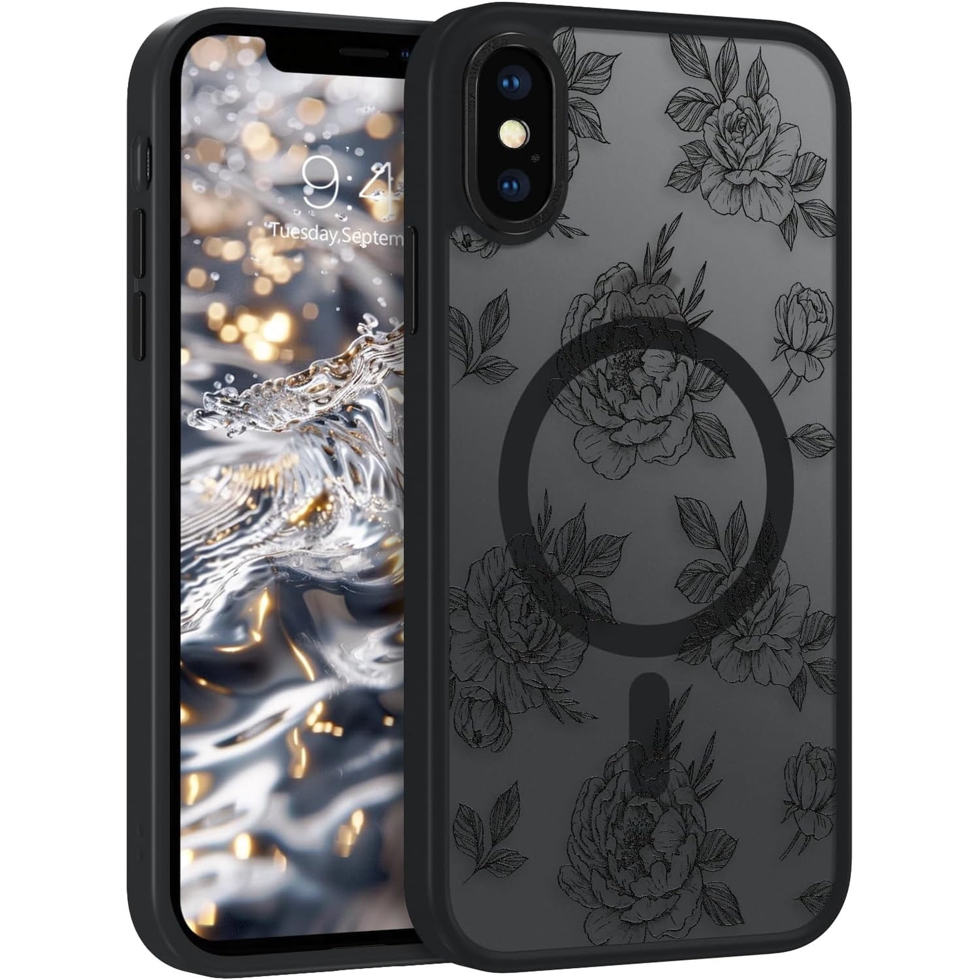 for iPhone X/XS Magnetic Case 5.8'', iPhone X Phone Case Compatible with Magsafe Beautiful Rose Flowers Print Pattern Translucent Matte Design Shockproof Case iPhone Xs for Girls Women, Black