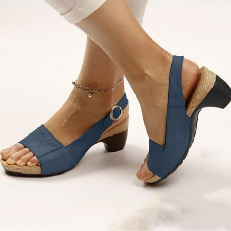 

Ecqkame Women s Middle Heels Shoes Clearance Comfortable Elegant Low Chunky Heel Shoes Women Summer Thick Heel Sandals Pumps Buckle Open Toe Casual Shoes Dark Blue 42