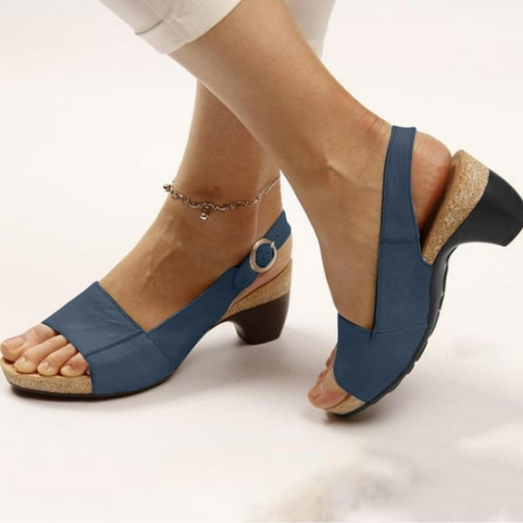 Vibrex Comfortable Elegant Low Chunky Heel Shoes Women Summer Thick Heel Sandals Pumps Buckle Open Toe Casual Shoes Women's Sandals Perfect For Travel,Daily,Vacations,Part,Dates,Work_Dark Blue_8