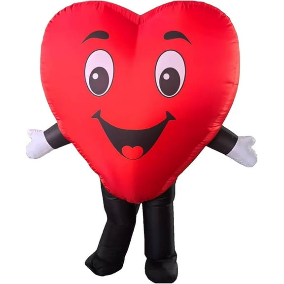 Inflatable Heart Mascot Costume, Red and Black Valentine Character Outfit with Smiling Face Halloween Party Fancy Dress