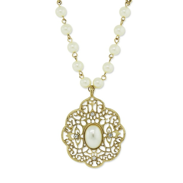 1928 Jewelry Women's Gold Tone 8mm Faux Pearl Large Filigree Pendant