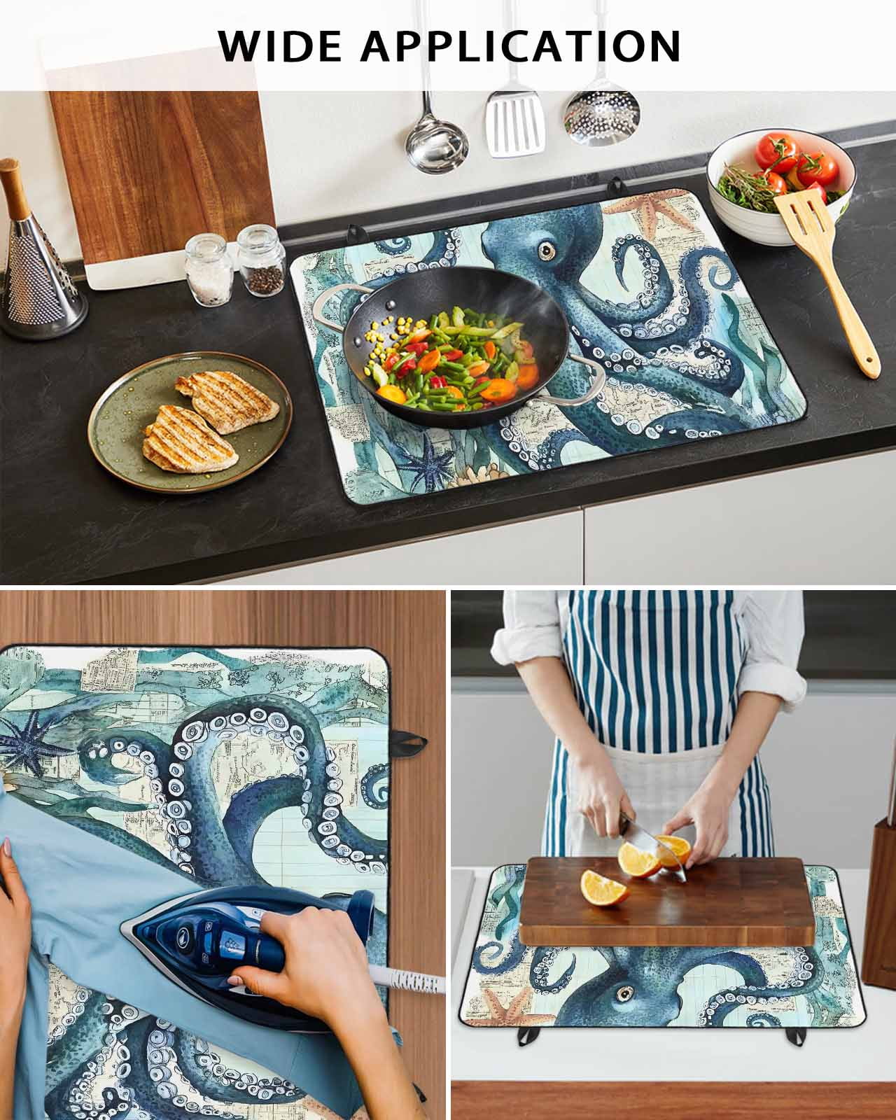 nqOlkjepod Large Induction Cooktop Protector Mat 24"x21", Ocean Octopus Stove Top Covers for Electric Stove, Nautical Coastal Vintage Starfish Coral Stove Burner Cover Mats, Glass Top Stove Cover
