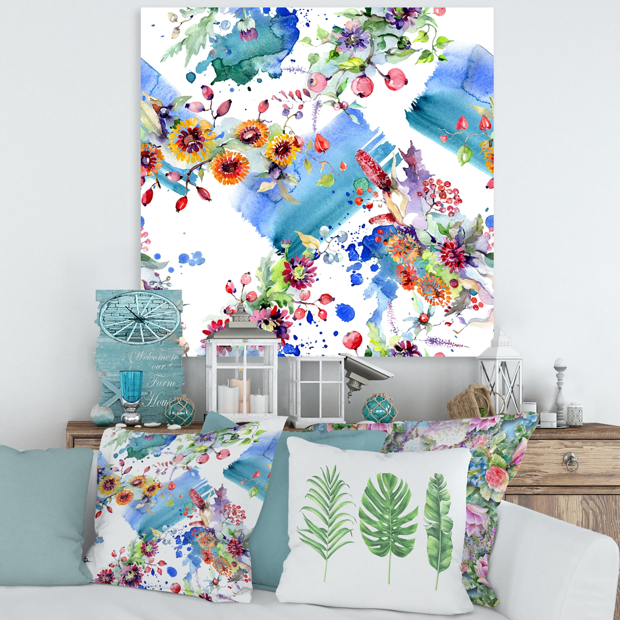 Designart ' Wildflowers and Vibrant Wild Spring Leaves IX ' Modern Canvas Wall Art Print
