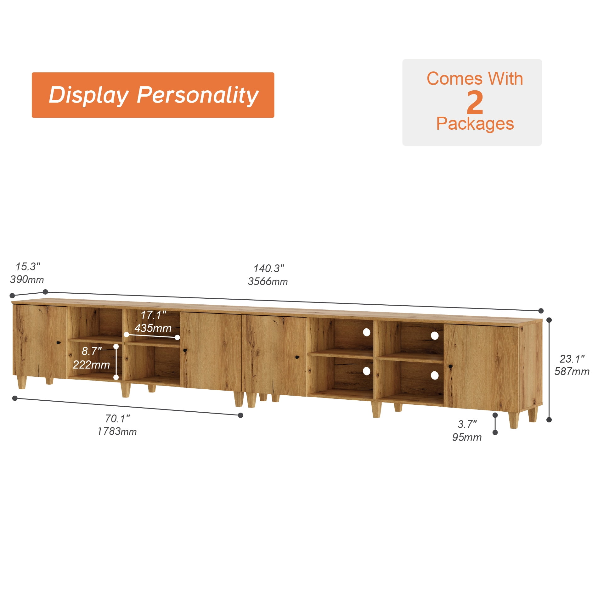 Set of 2 TV Stand Cabinets for 120+ Inches TVs, Modern Wood Low Media Console with Doors & Shelves, Dark Brown