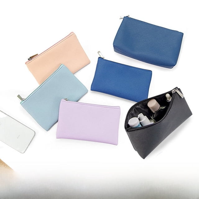 Bolsa de maquillaje portátil para lápiz labial, bolsa de viaje para guardar brochas de maquillaje, bolsa de cosméticos grande, mediana y pequeña de cuero PU morado simple