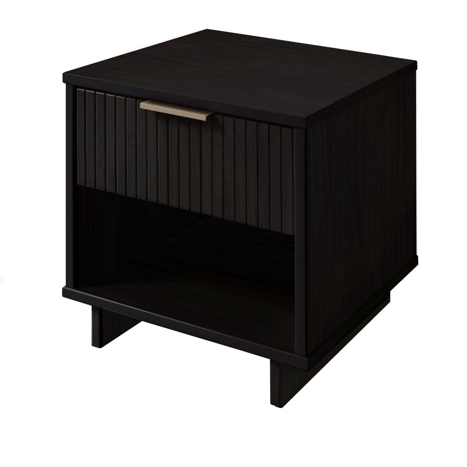 Black Nightstand, Modern Contemporary Bedside Table with 1 Drawer, Solid Wood Ribbed Drawer Front and Gold Handle, Glam Storage End Table for Bedroom Living Room
