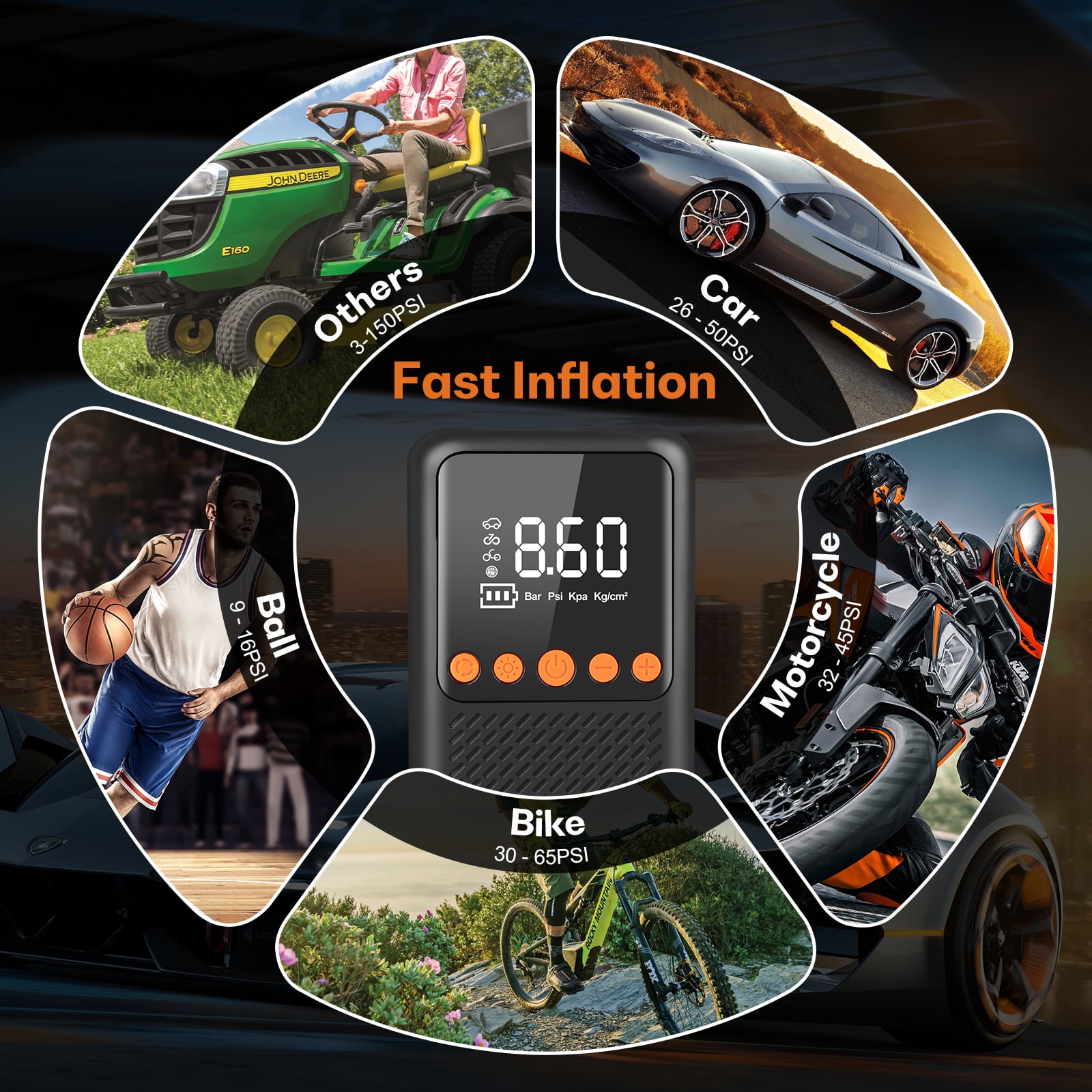 RONY Portable Cordless Tire Inflator with Auto Shutoff Digital Pressure Gauge - Electric Air Pump for Car Tire Bike Ball - 150 PSI Car Tire Pump with 4 Nozzles