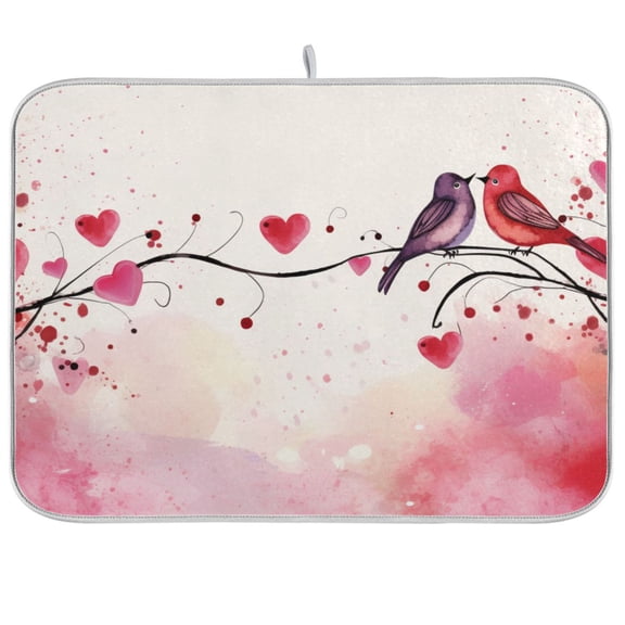 Valentine's Day Couple Birds Dish Drying Mat Dish Drainer Rack Mats Water Absorbent Non-Slip Easy Clean Heat Resistant for Kitchen Counter